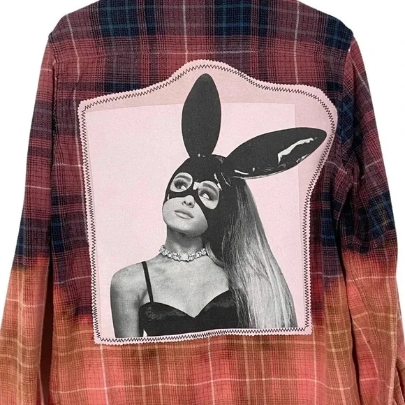 Ariana Grande Plaid Flannel Shirt Womens Size Medium Large Pink Ombre Bleached - Picture 7 of 15
